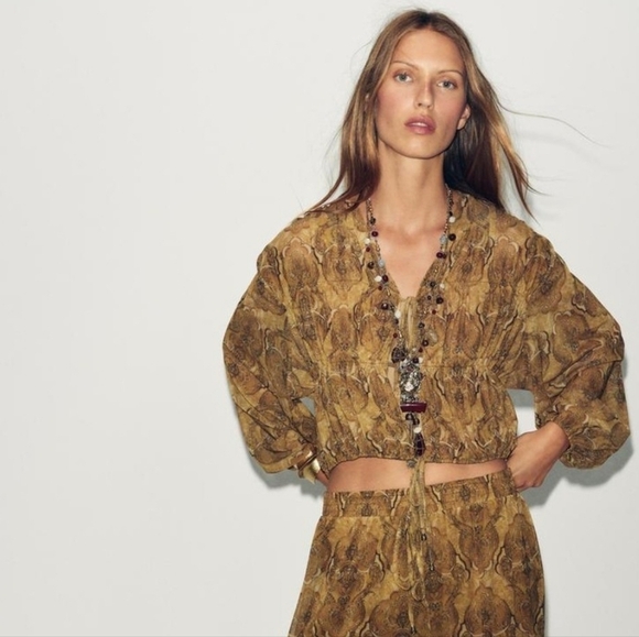 Zara Tops - NWT ZARA Floral Sheer Patterned Tie-Front Blouse In Tan/Gold - S